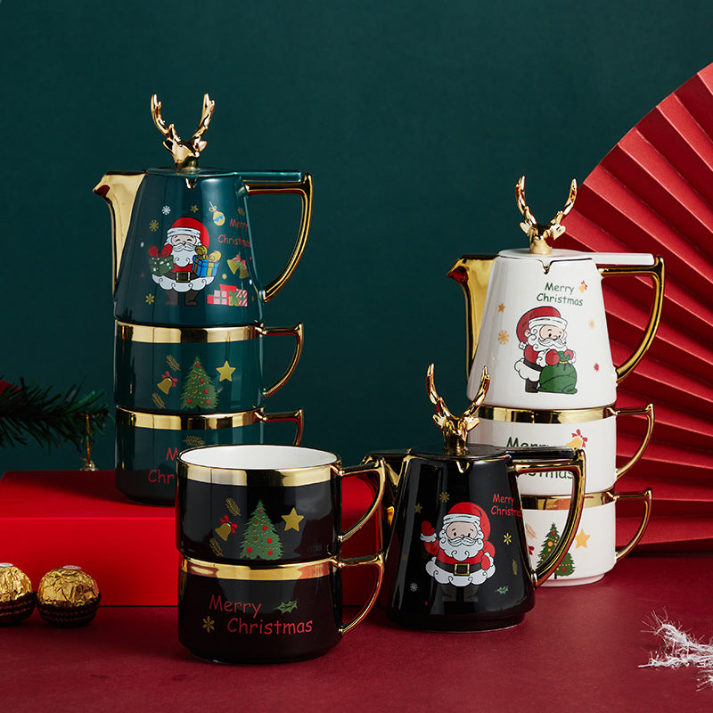 Ceramic Teapot Set with Cups and Plates - Christmas Elk Design, Portable & High-Temperature Resistant