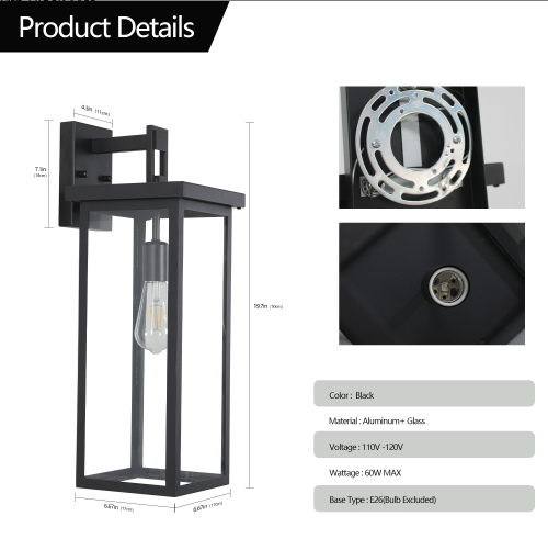 Set of 2 Modern Outdoor Wall Lanterns - Black Metal Frame, Clear Glass, Weatherproof Sconces for Porch & Entryway