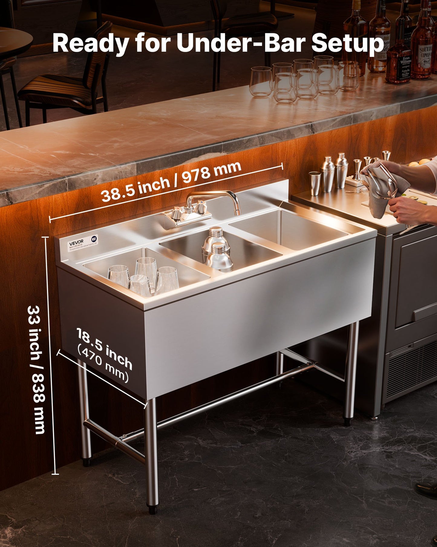 Commercial 3 Compartment Stainless Steel Kitchen Sink - 18-Gauge, 10x14x10 Inch Bowls