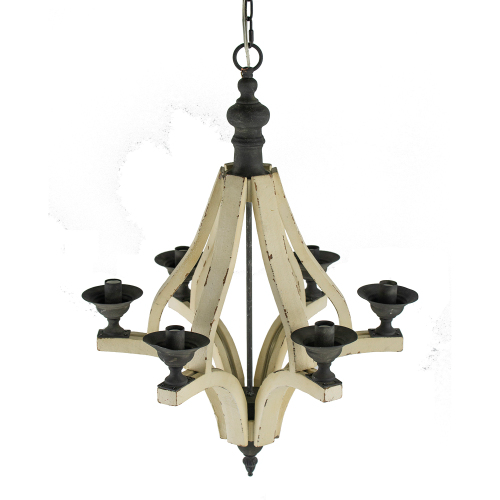 Wooden Chandelier with Adjustable Chain for Kitchen Dining Cream Finish - 6 Lights
