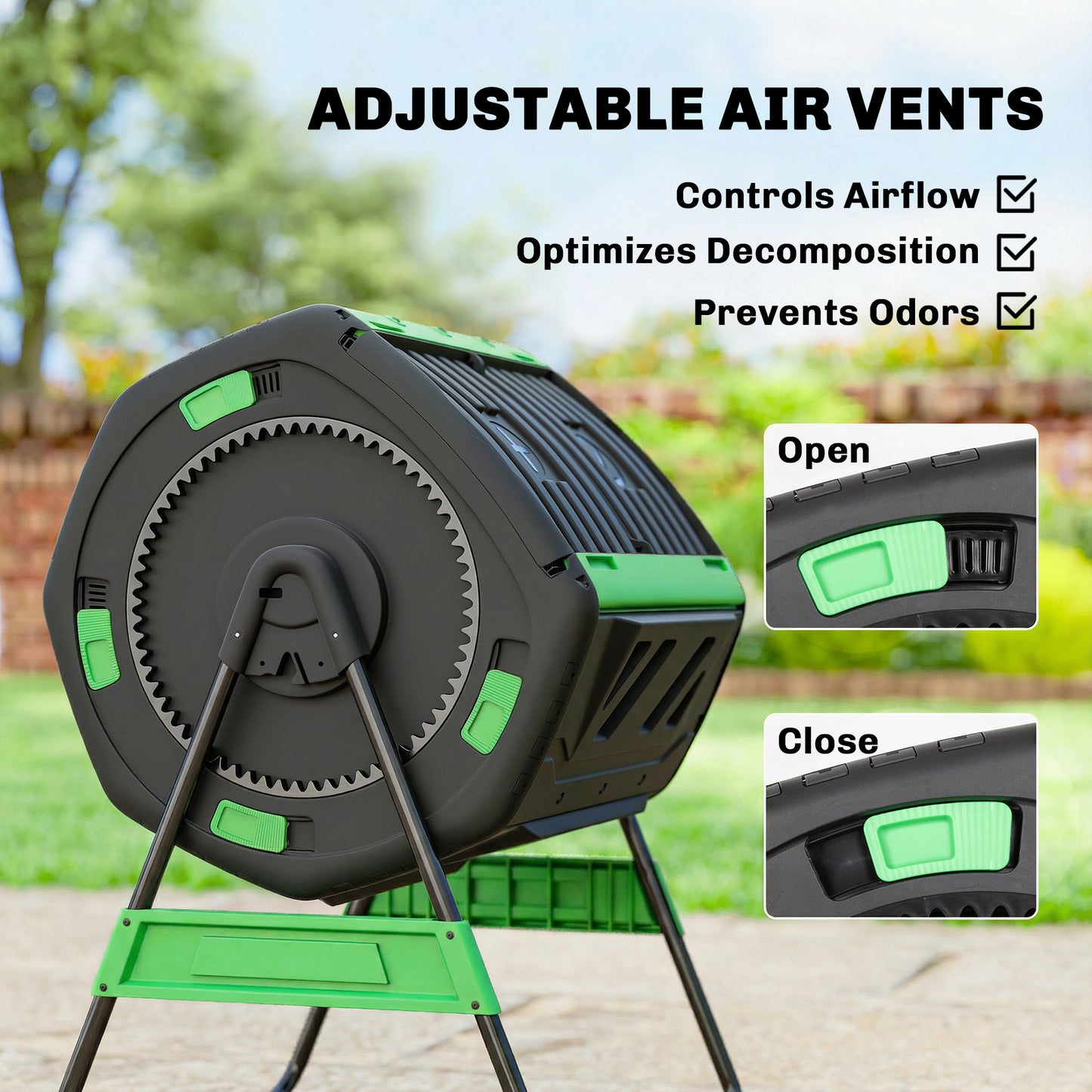 53 Gal Dual Chamber Outdoor Compost Bin - Tumbling Garden Composter with Adjustable Vents, BPA-Free, Green
