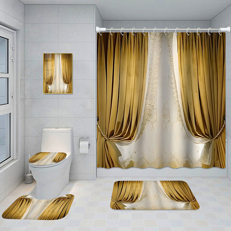 Bathroom 5-Piece Shower Curtain Set with Mat and Decorative Aluminum Frame