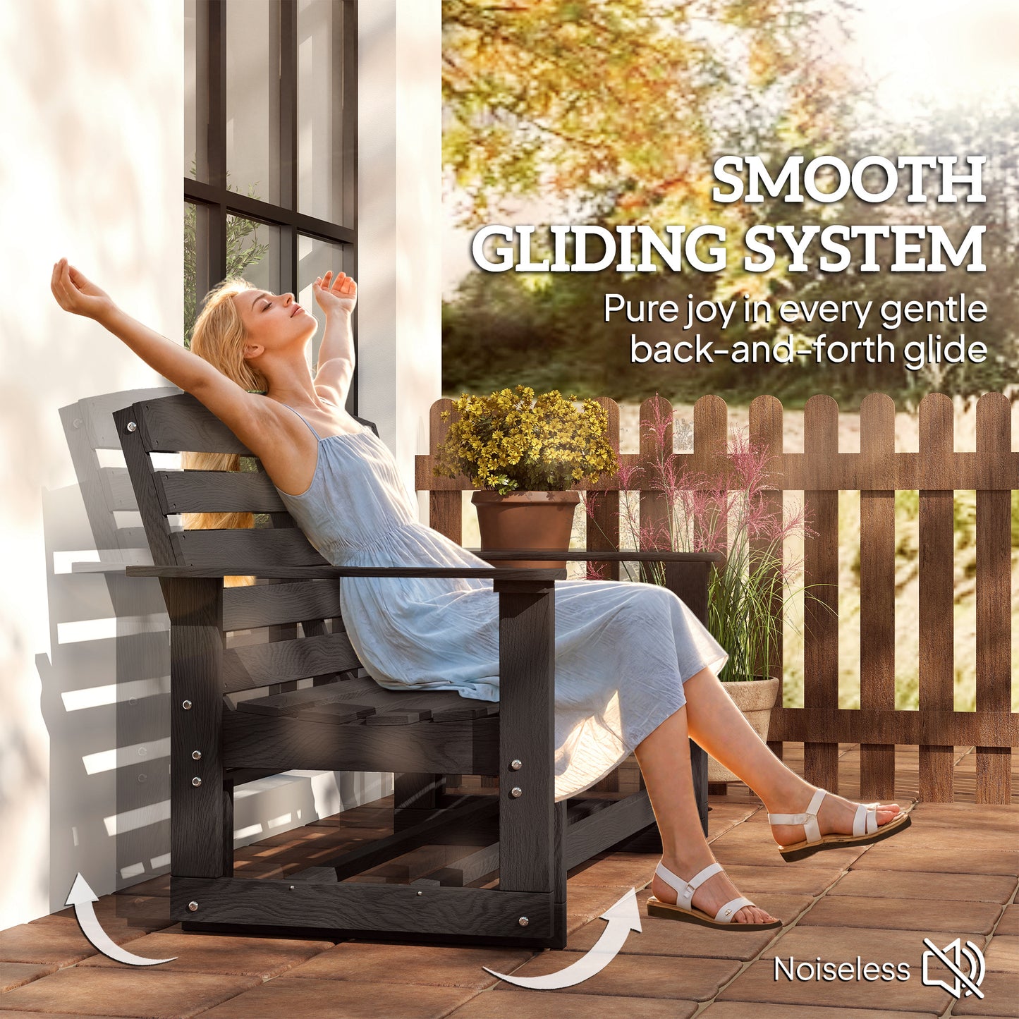 Patio Glider Bench - HDPE Slatted Double Rocking Chair, Distressed Black