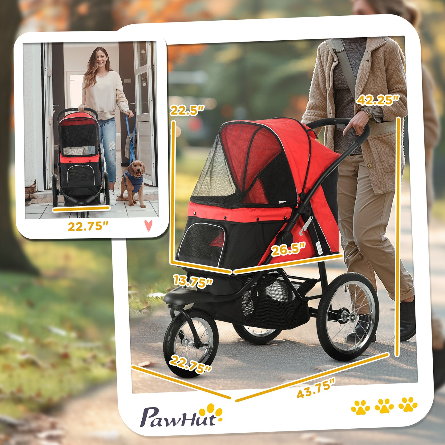 Pet Stroller for Small to Medium Dogs with 3 Large Wheels, Adjustable Canopy, Safety Tether
