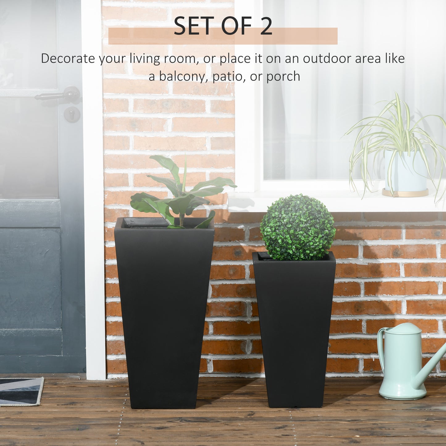 Large Outdoor Flower Planters Set of 2 - Stackable, Drainage Holes, Black