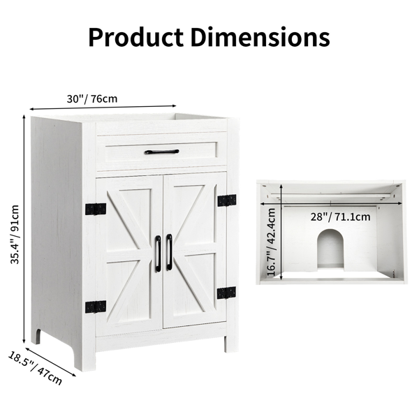 30-Inch Water-Washed White Double Barn Door Vanity Cabinet