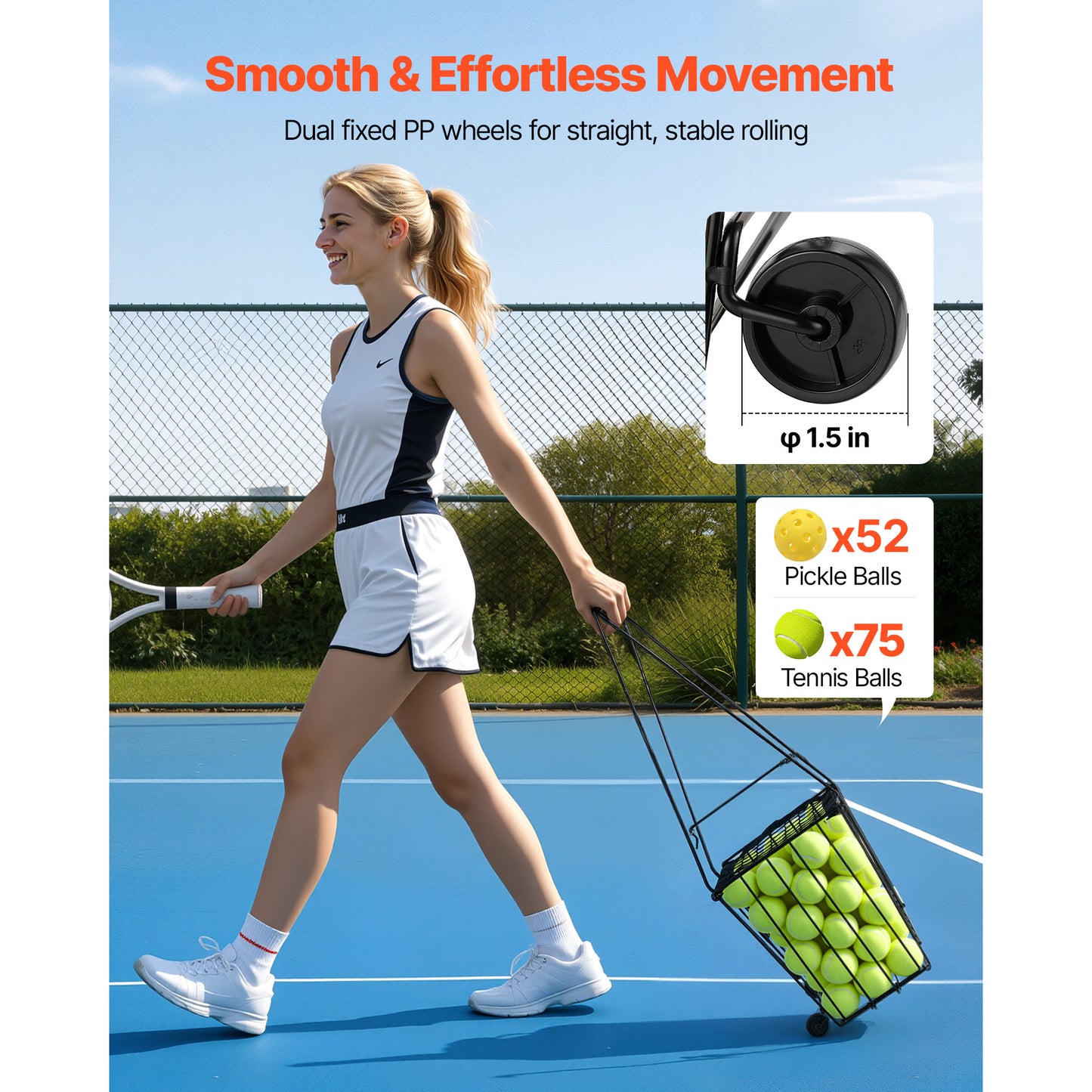 Tennis Ball Hopper with Wheels - Holds 75 Balls, Portable Pickleball Basket for Training & Storage