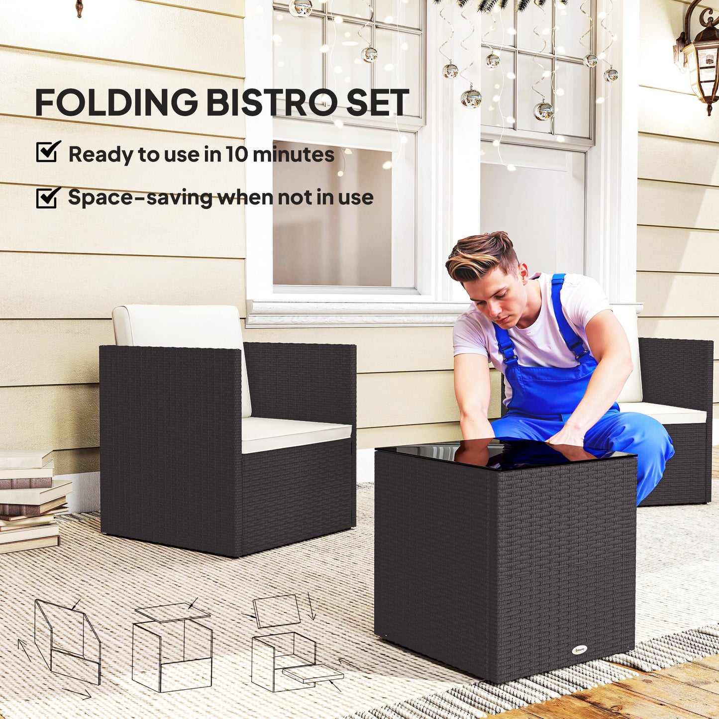 Folding Wicker Bistro Set - 3 Piece Patio Furniture with Cushions