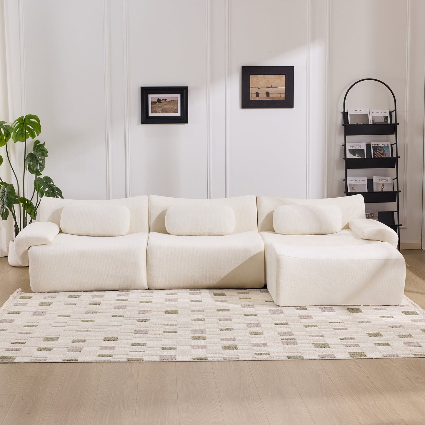 Modular Bamboo Joint Armchair - Extra-Large Chenille Sofa with 3 Pillows - White