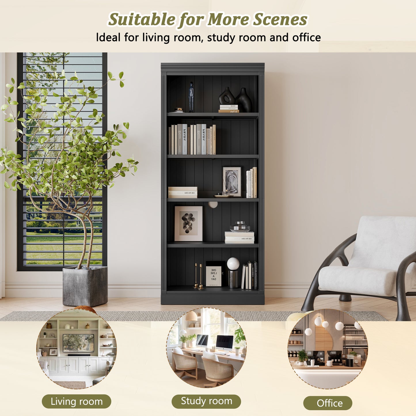 83.4 Tall Wood Bookcase With Light Strip,5-Tier Decor Bookshelves