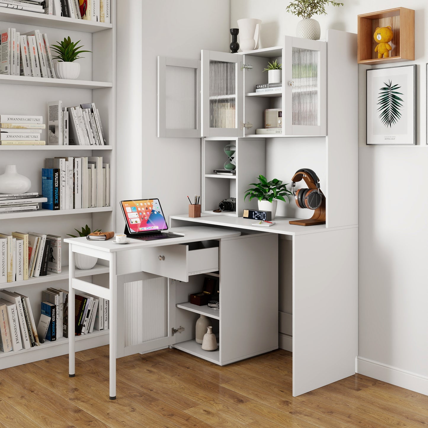 Computer Desk with Glass Door & Hutch - White, Rotating Desktop
