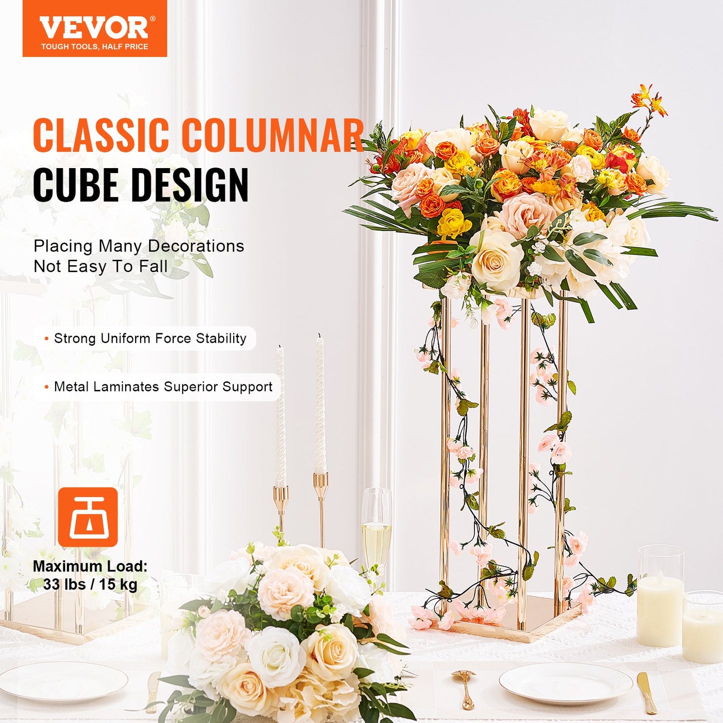 Gold Metal Wedding Flower Stand Set - 4 Pieces, 31.5 Inch High, Geometric Vase Display Racks for Events