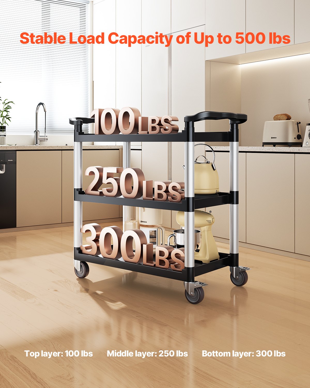 Heavy Duty Utility Cart 500 Lb Capacity 3-Tier Service Cart with Wheels - Black