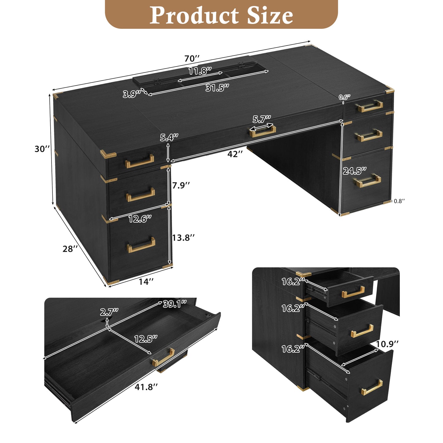 70 Extra-Large Classic And Traditional Executive Desk With Metal Edge