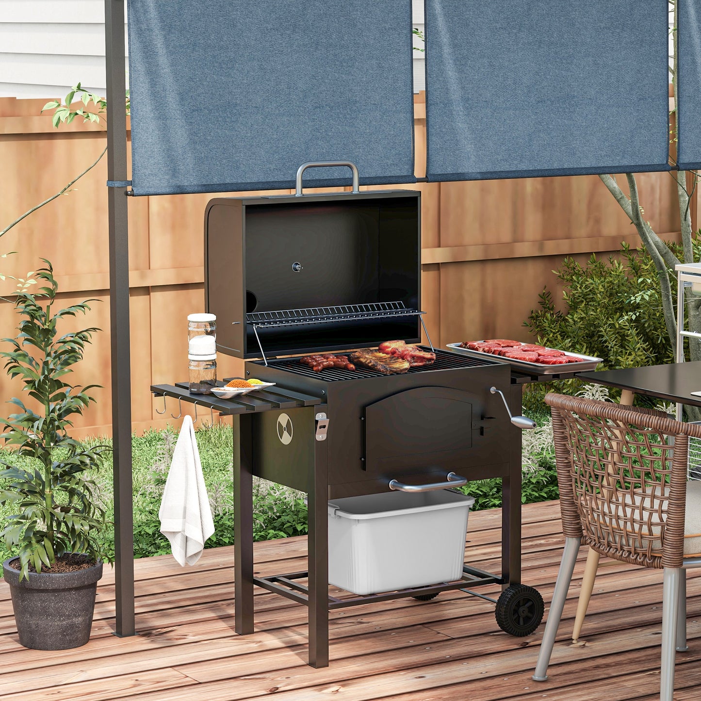 Charcoal BBQ Grill with Adjustable Height and Folding Shelves