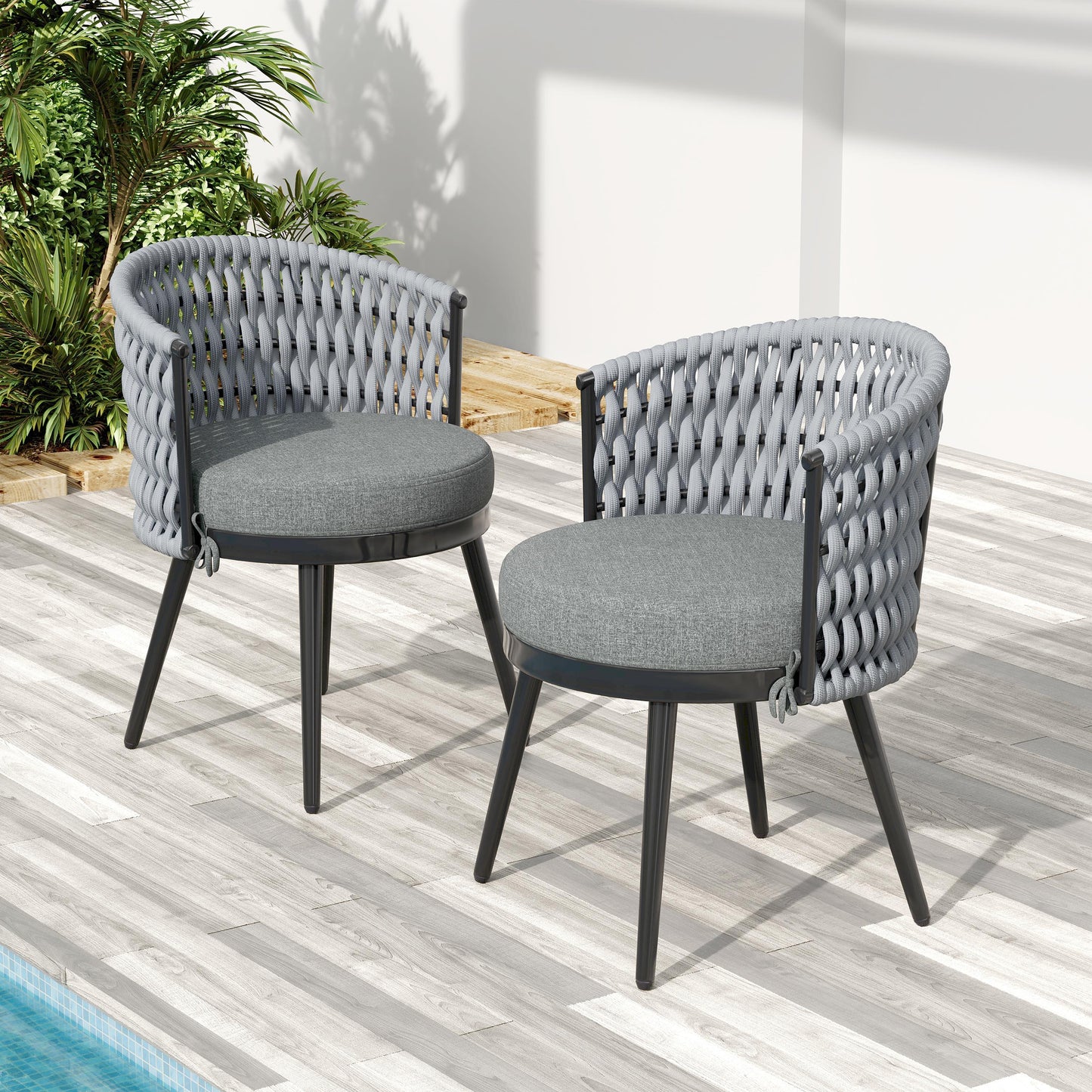 Outdoor Dining Chair-Metal & Rope With Light Gray Cushion Patio