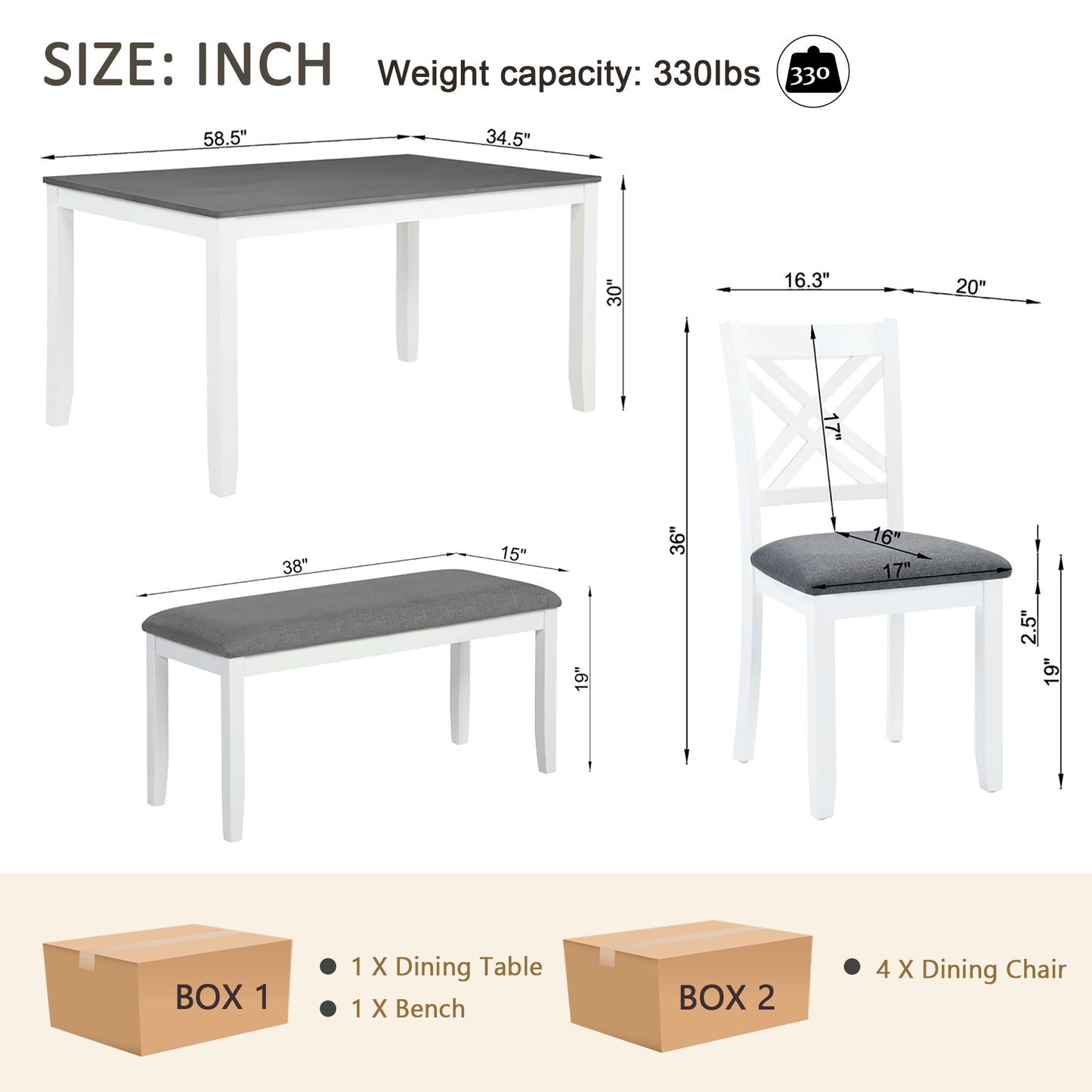 6-Piece Dining Set with Rectangular Table, Chairs & Bench - Grey & White