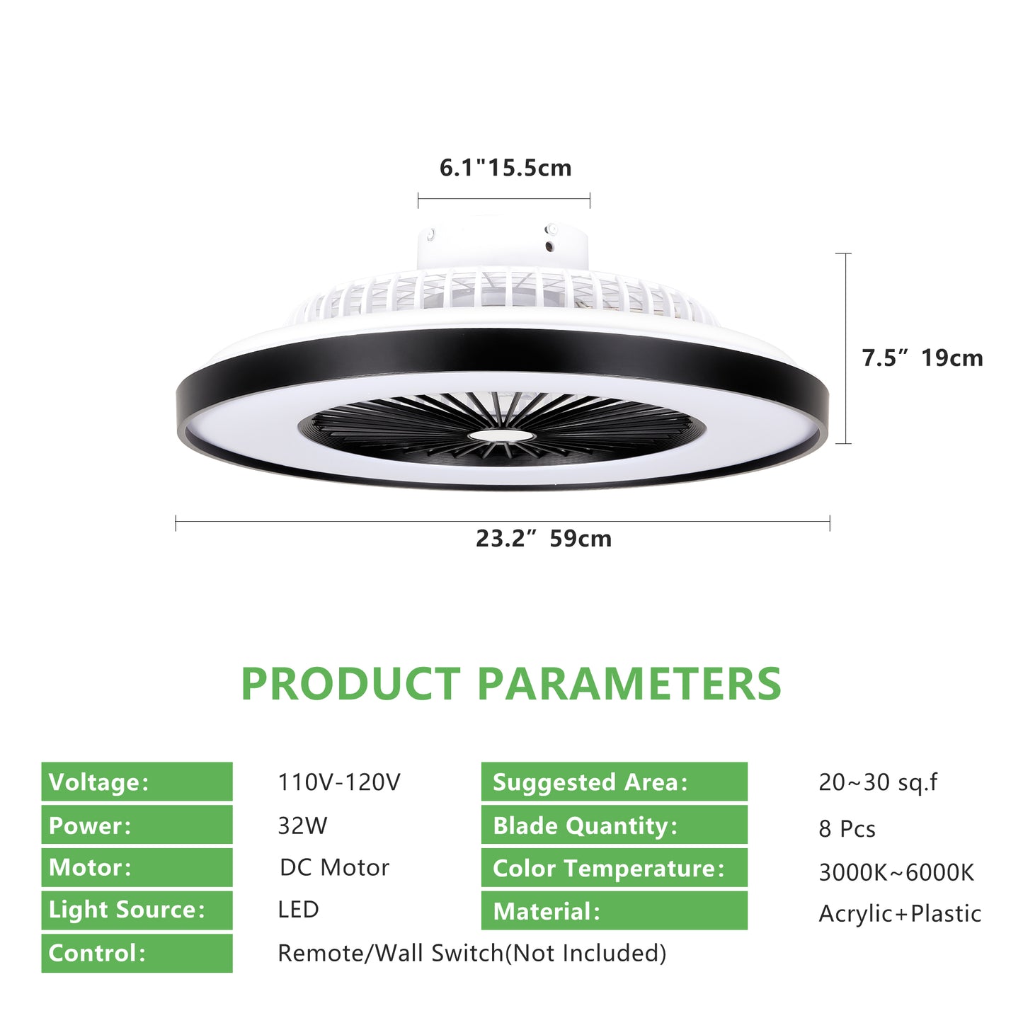 23-Inch Black Ceiling Fan Light with RGB LED & Remote Control