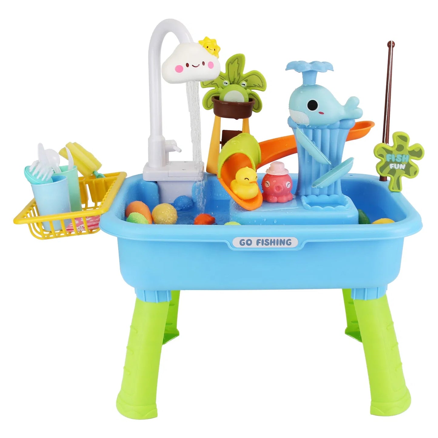 3-in-1 Kids Water Table with Electric Faucet & Fishing Game