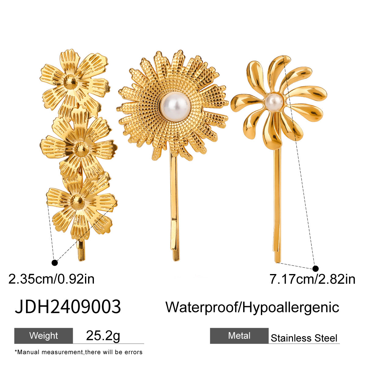 Women's Titanium Steel Barrettes - Pearl Flower Design, 3 Piece Set