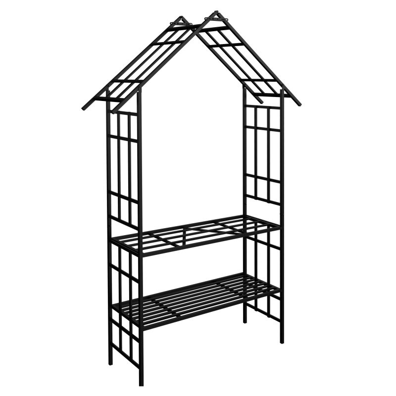 Metal Garden Arch with Convertible Bench and Flower Rack Support - Outdoor Black