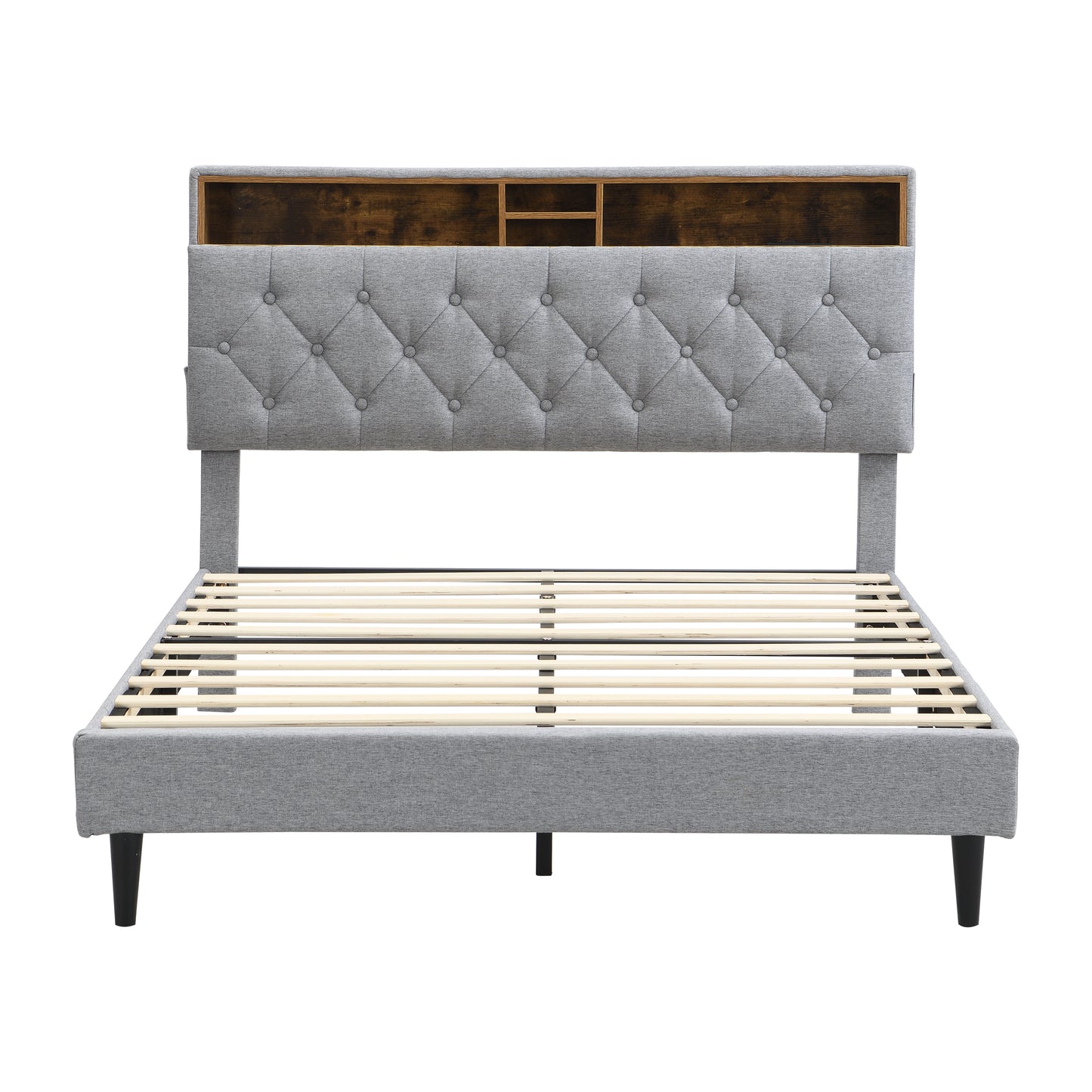 Queen-Size Upholstered Platform Bed Frame with USB Charging, Light Grey