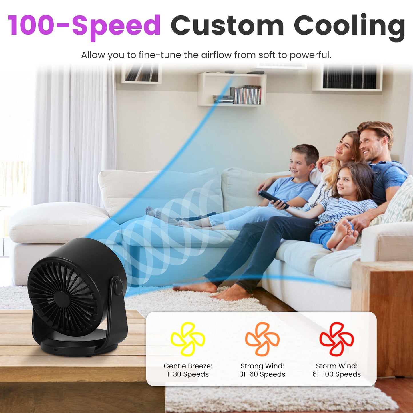 Rechargeable Battery-Operated Mini Desk Fan with 120° Tilt, USB & Wall Mount, 4000mAh