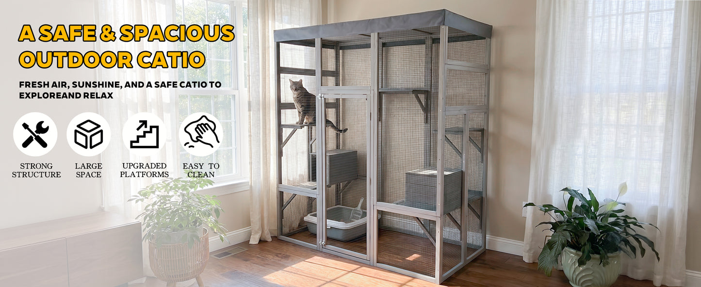 Gray Wooden Cat Enclosure with Waterproof Top, 2 Napping Boxes, Spacious & Secure