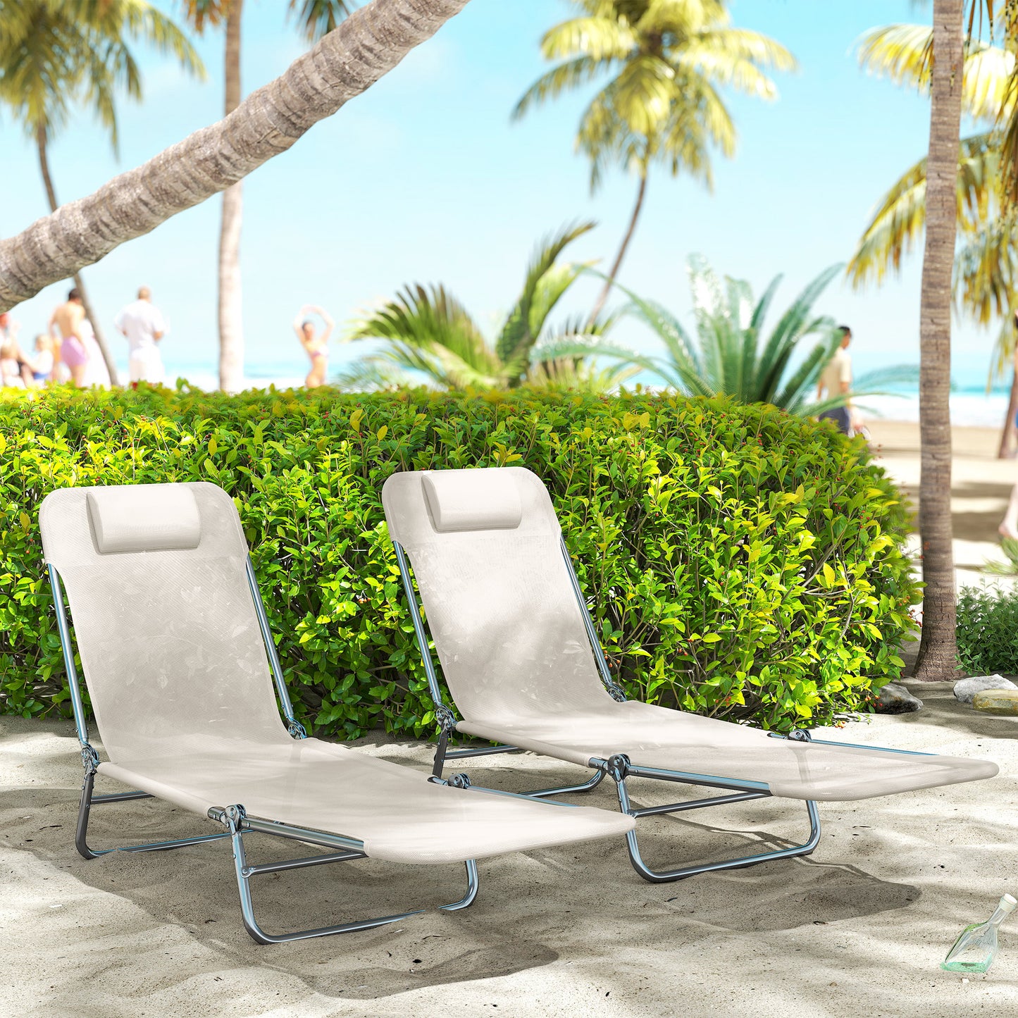 2 Piece Folding Chaise Lounge Chairs with Reclining Back - Cream White