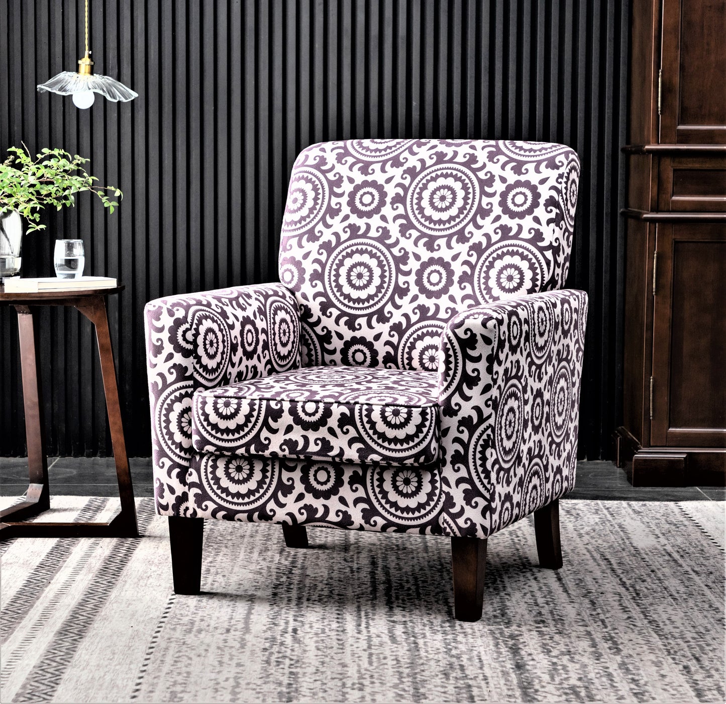 Patterned Polyester Blend Armchair, Solid Birch Wood Frame With Brown