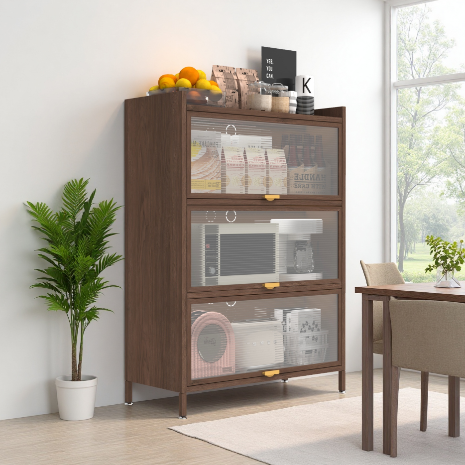 44'' Tall Metal Cabinet with 3 Flip Doors - Walnut Storage