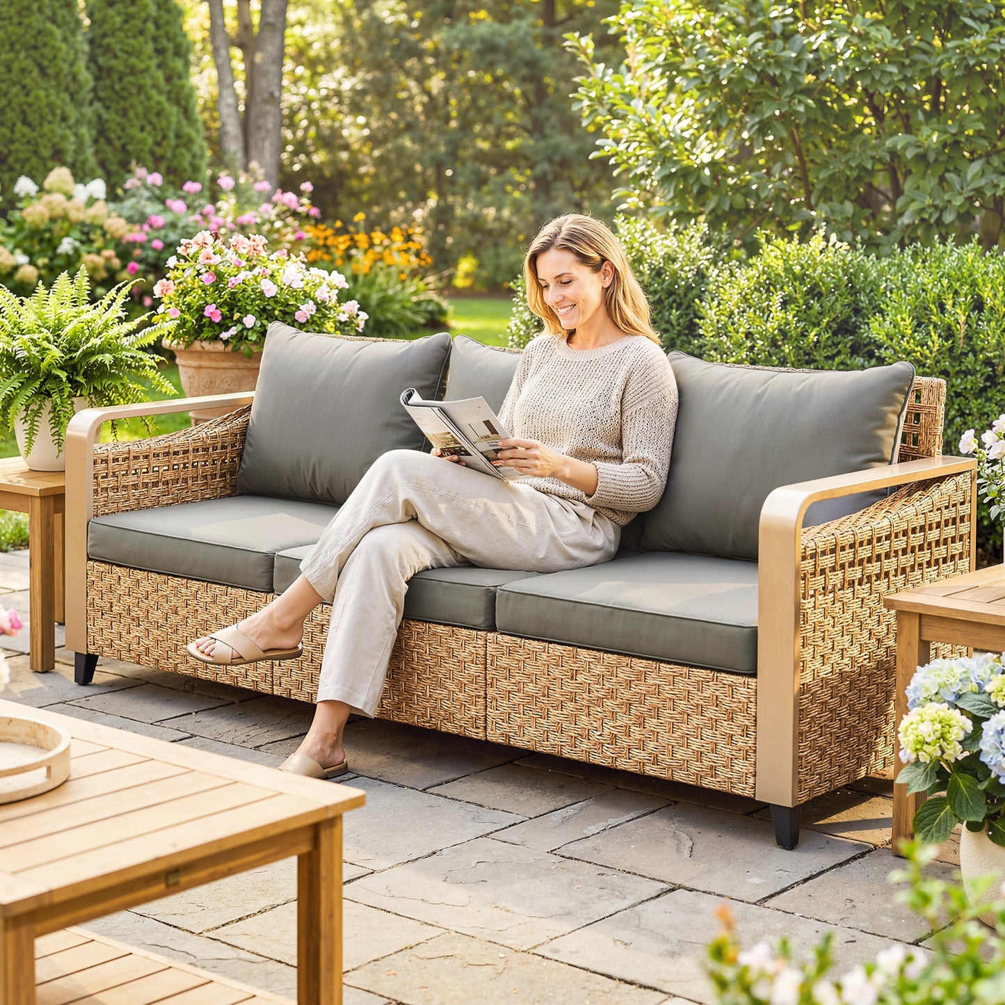 3-Seater Outdoor Rattan Wicker Sofa with Cushions - Gray