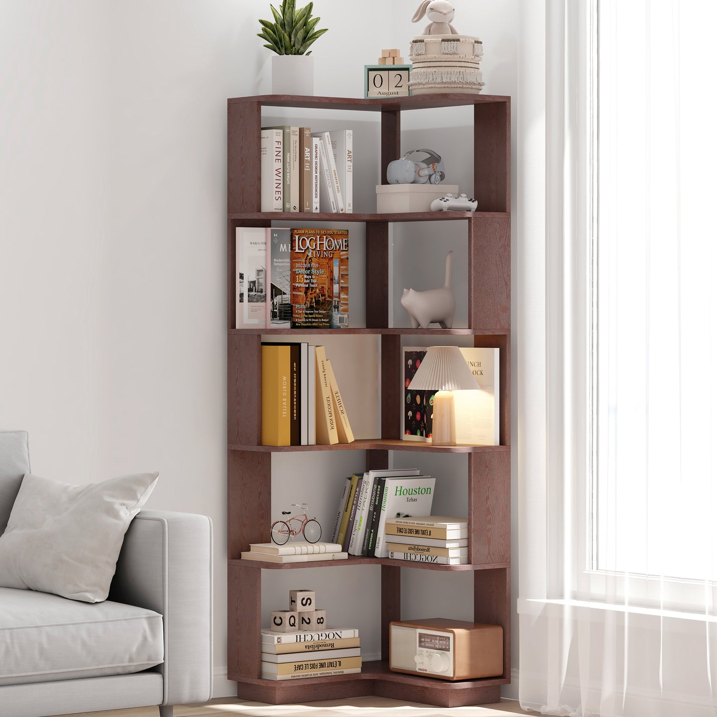 6 Tier Freestanding L-Shaped Corner Bookshelf For Living Room,