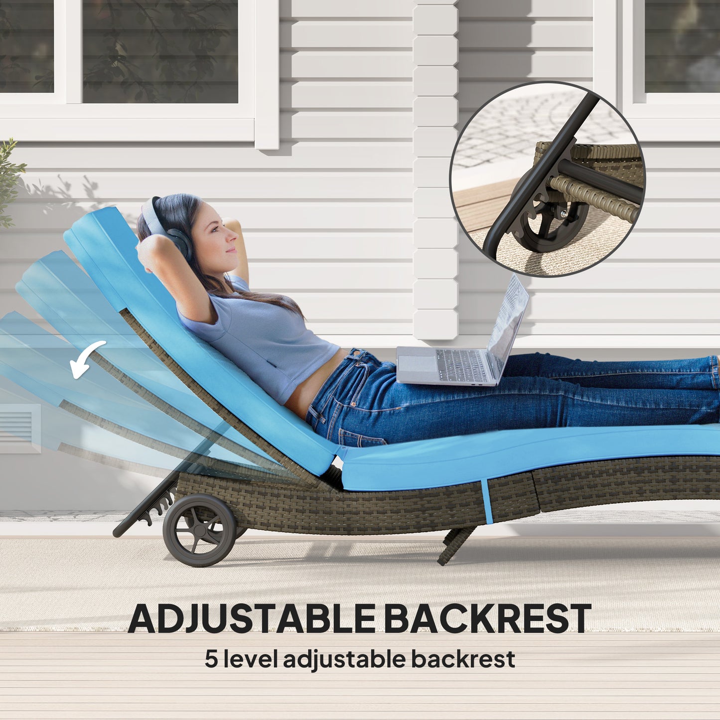 Outdoor Chaise Lounge Chair - Sky Blue PE Rattan with Wheels