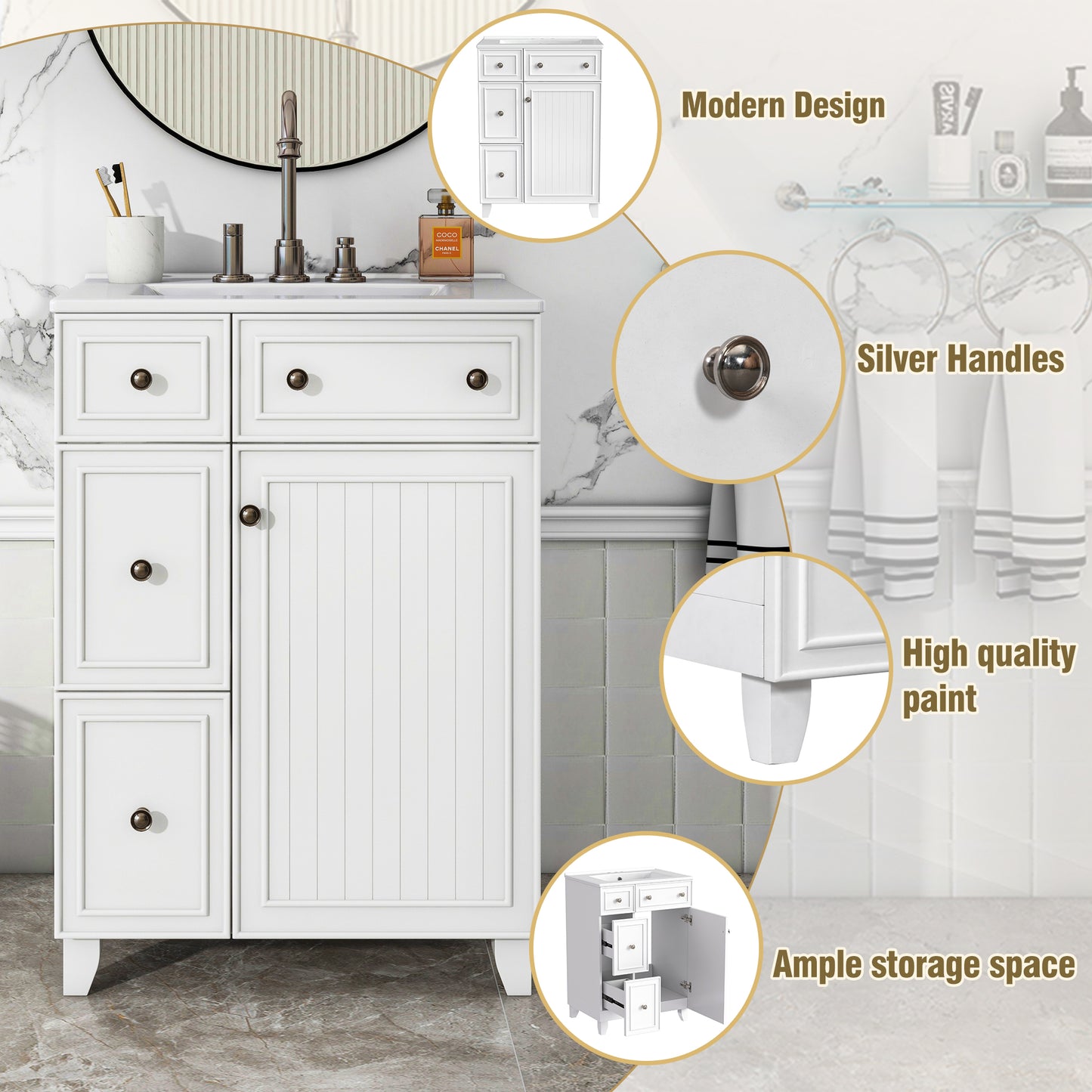 24-Inch Bathroom Vanity Cabinet with Ceramic Sink, 2 Drawers, White