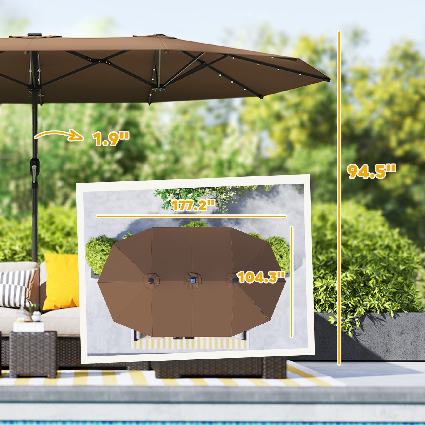 Double-Sided Sun Umbrella with Solar LED Lights - Coffee