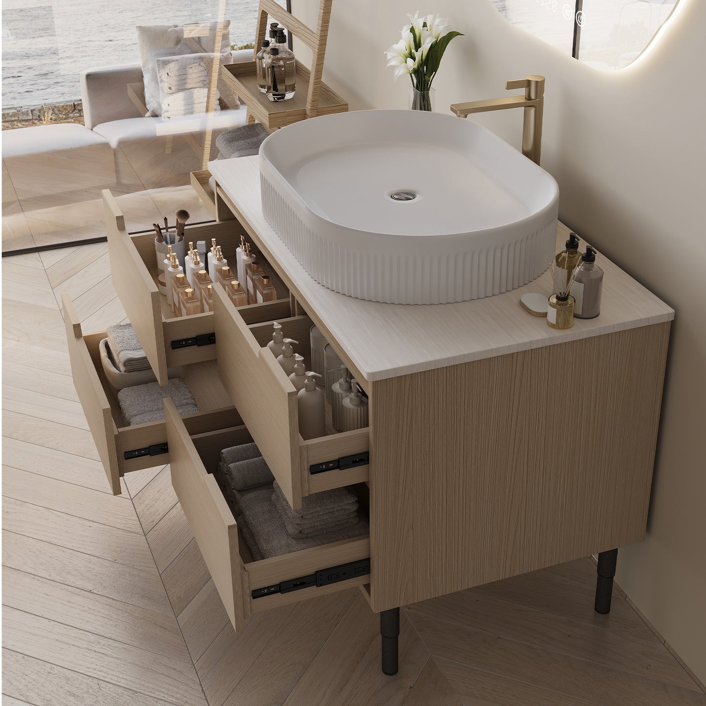 36 Inch Bathroom Vanity with Ceramic Sink & Soft-Close Drawers - White Wood