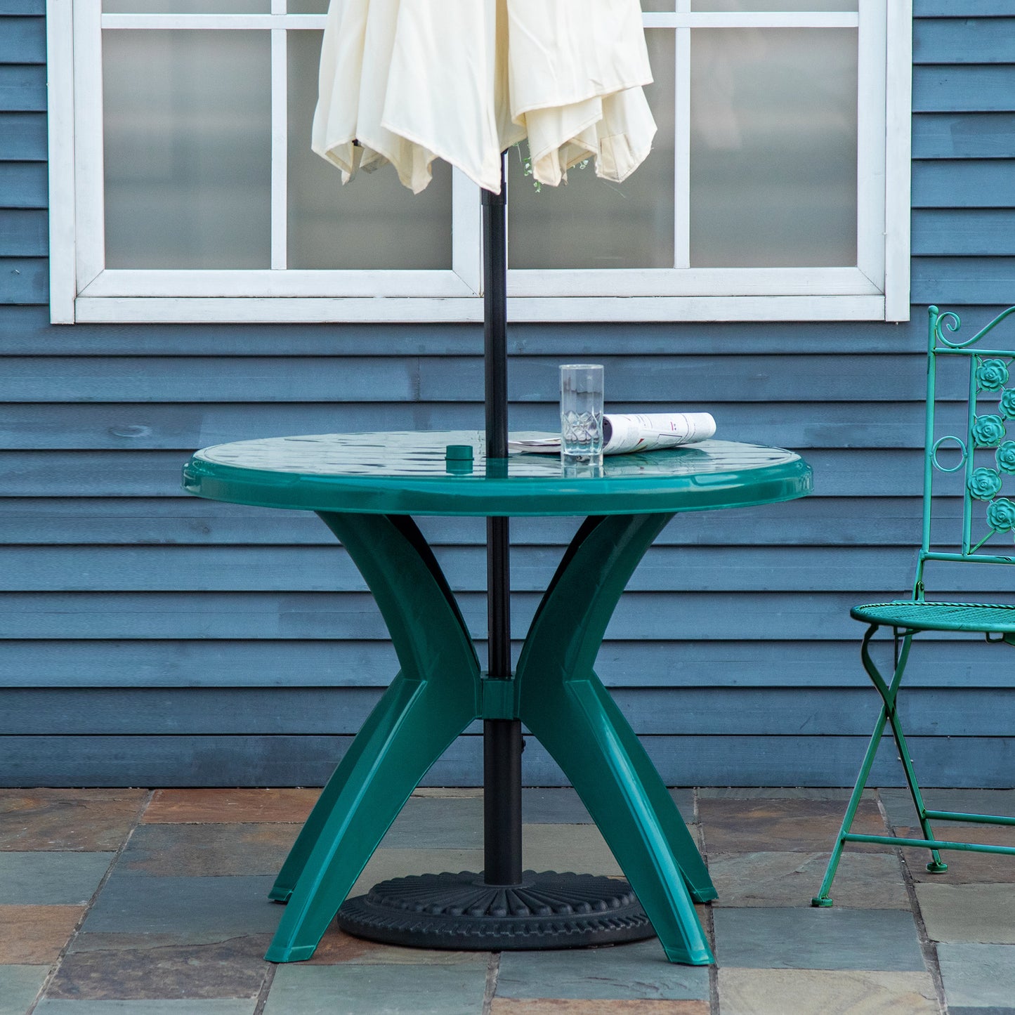 36.25" Round Outdoor Plastic Dining Table with Umbrella Hole - Green