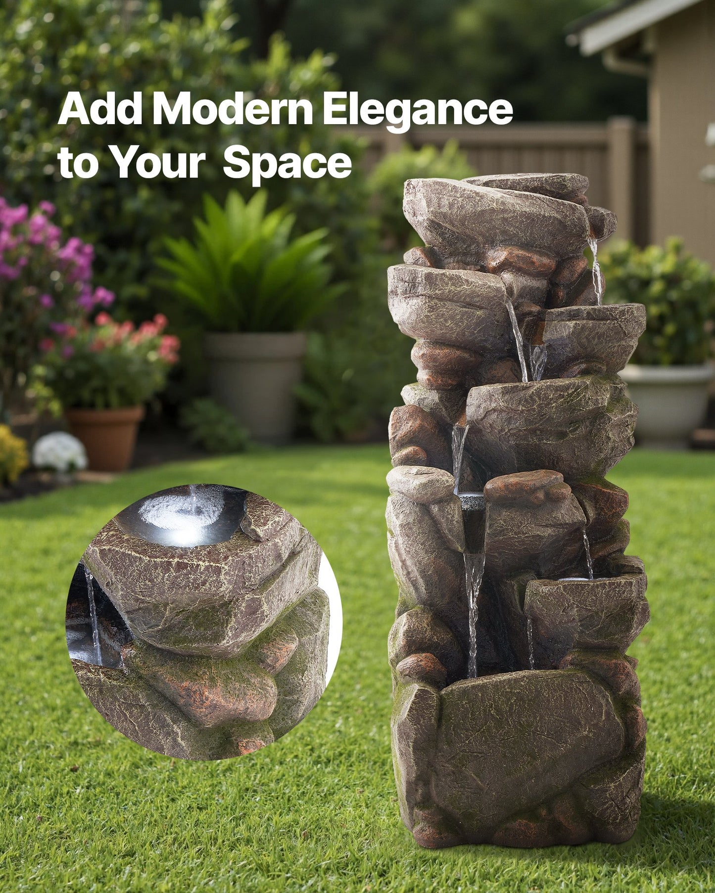 Outdoor 7-Tier Rock Water Fountain - Cascading Garden Decor with Soothing Sounds - Grey
