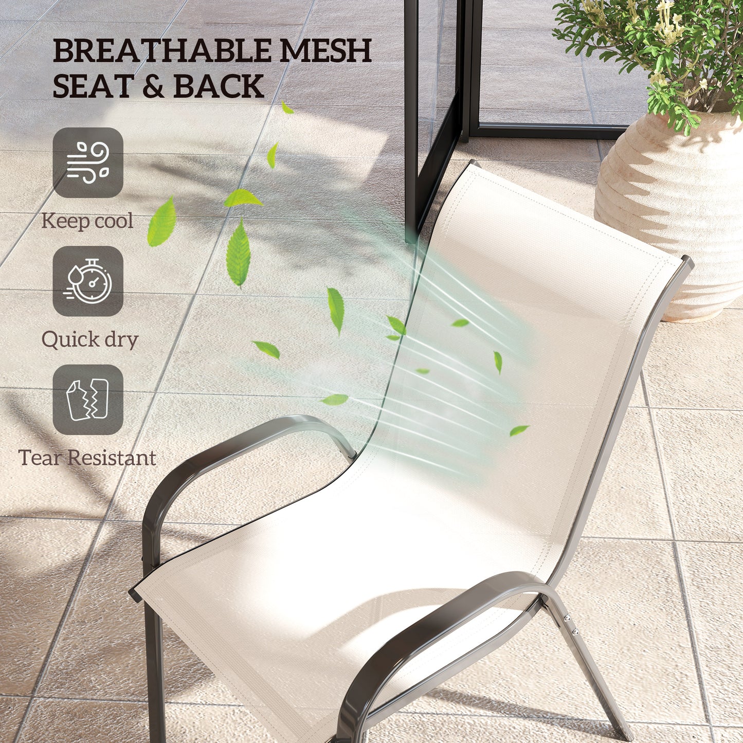 Set of 4 Stackable Outdoor Dining Chairs - Beige Mesh Seats