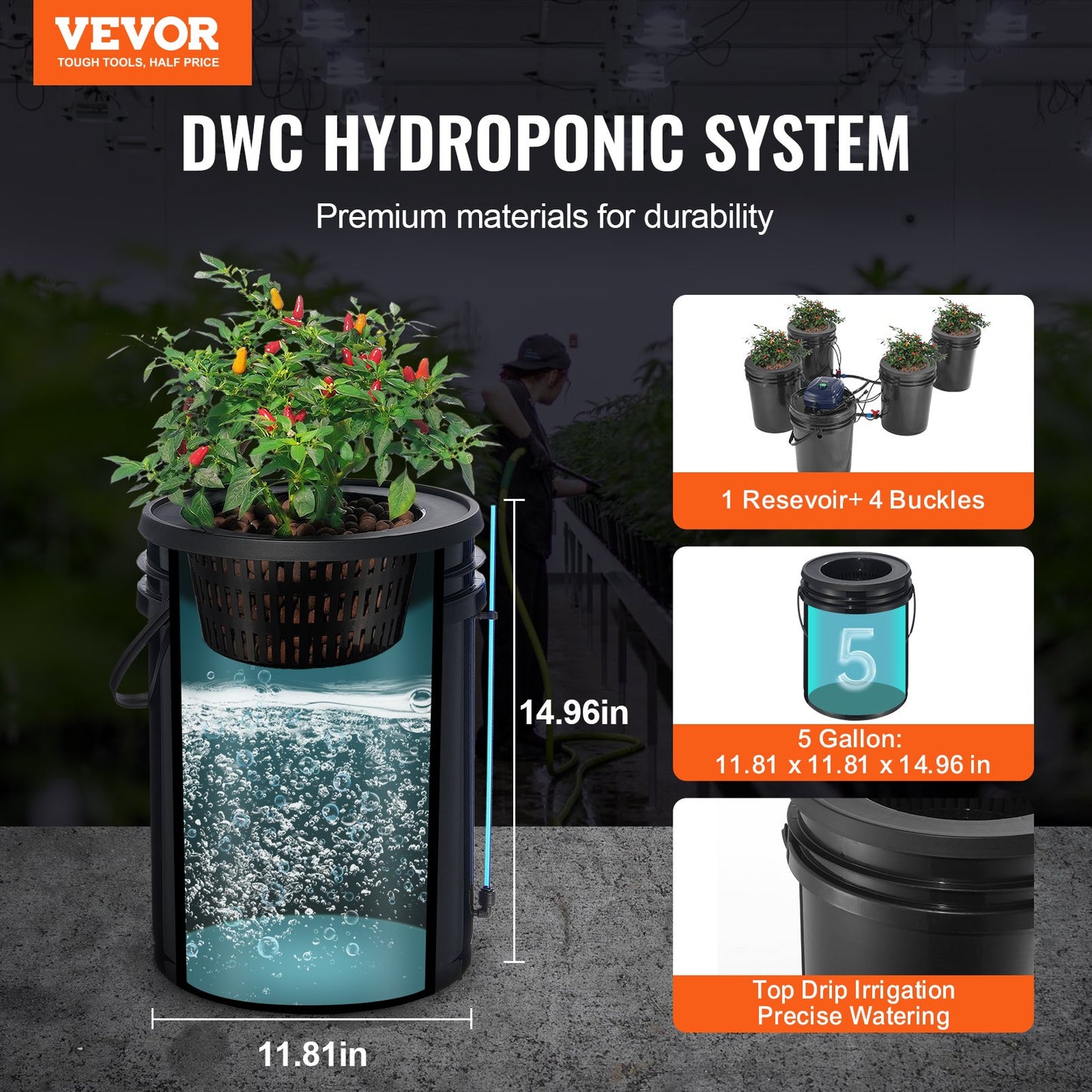 Hydroponic Recirculating Deep Water Culture System with 4 Buckets - 5 Gallon, Black