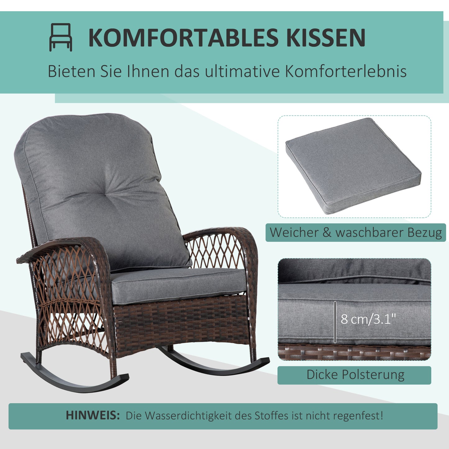 Rattan Porch Rocker with Plush Cushion - Light Gray