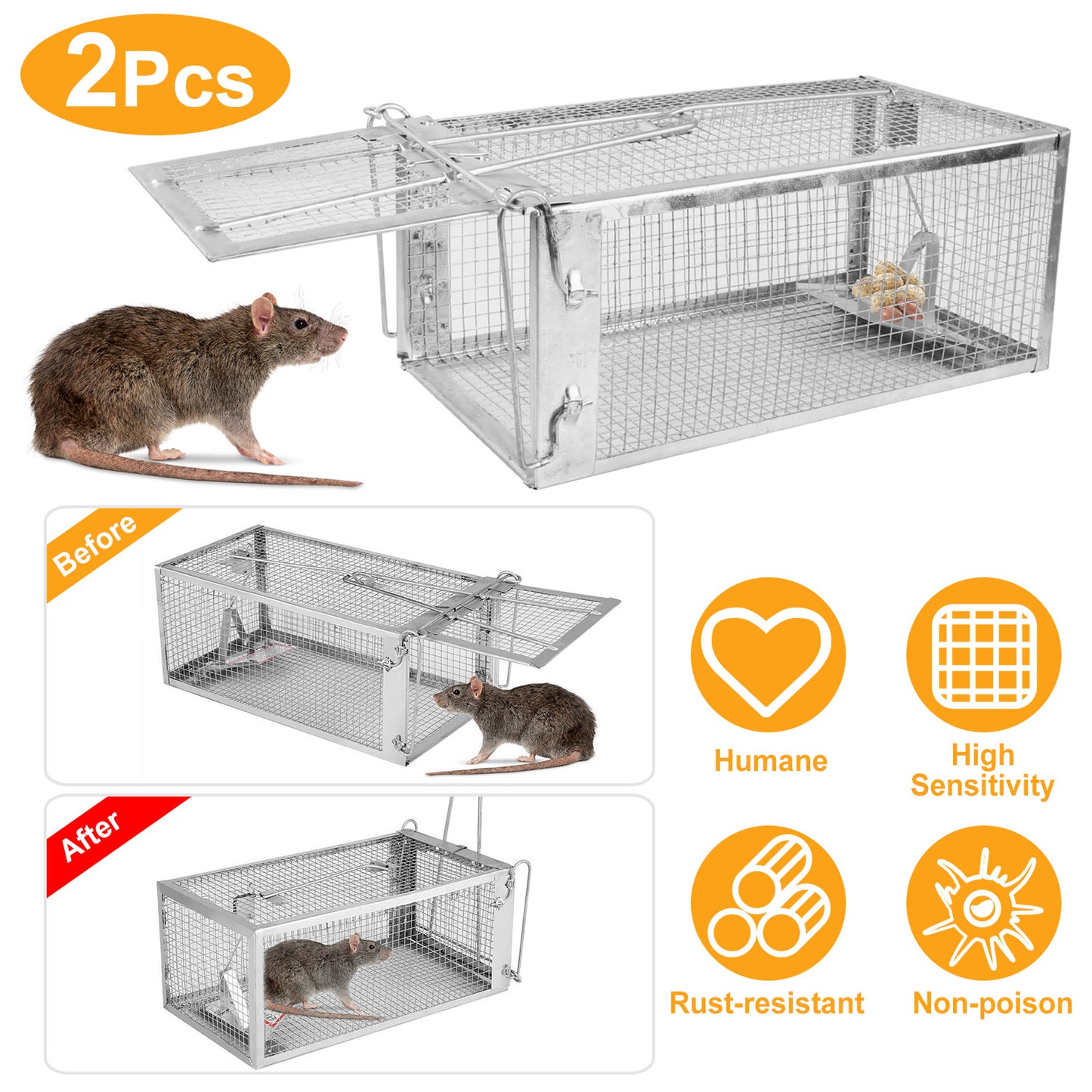 Humane Live Animal Trap - Galvanized Steel Rodent Catcher with Sensitive Gravity Pedal, Reusable & Escape-Proof for Home Yard Garage