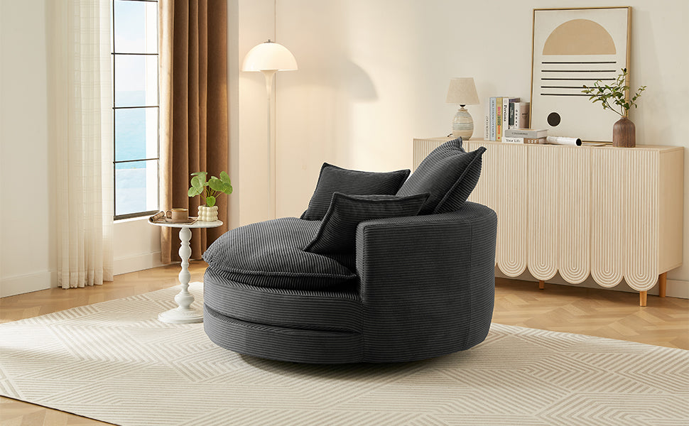 Oversized 360° Swivel Chair with Dual-Layer Cushions - Black