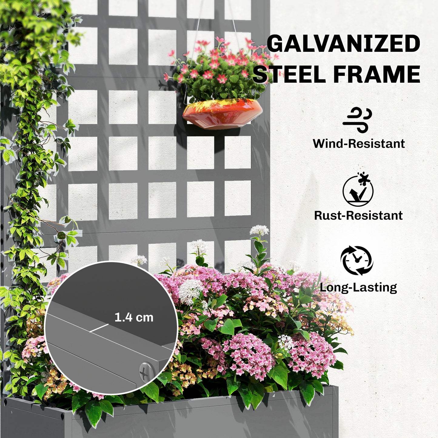 Galvanized Raised Garden Bed with Trellis - Vegetable and Climbing Plant Planter, 24x9x44.5 inches, Gray