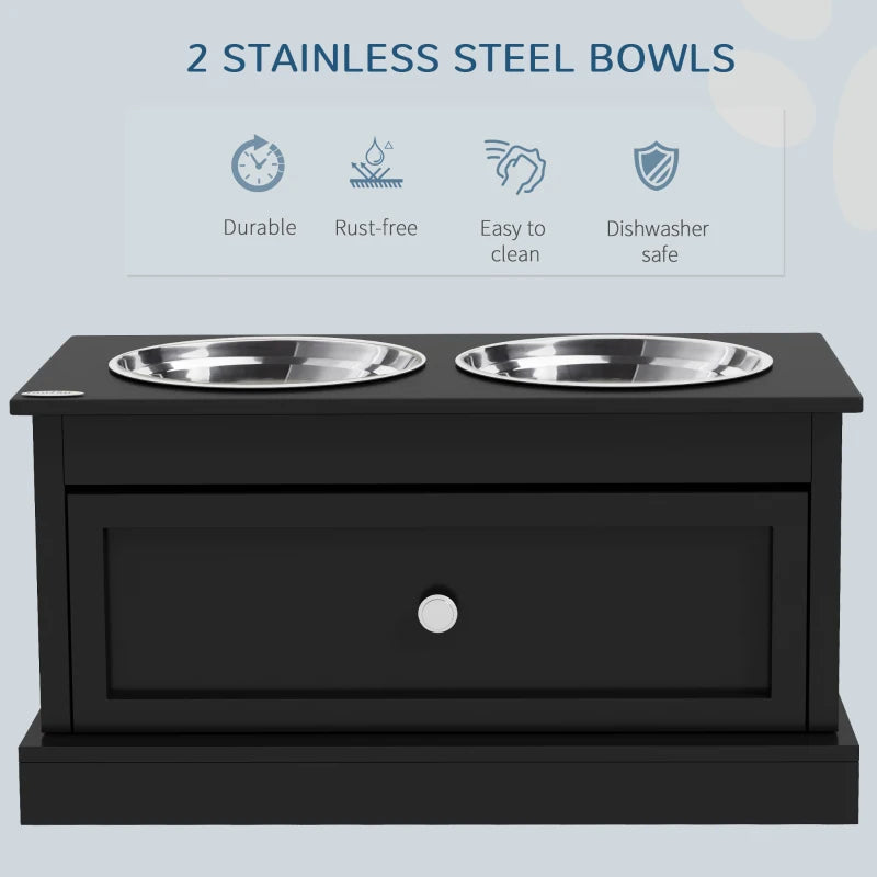 Raised Dog Feeder Stand with Storage Drawer - Black, Large Stainless Steel Bowls
