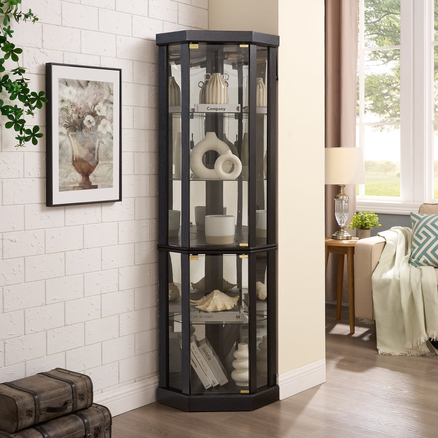 Lighted Corner Curio Cabinet - Elegant Glass Display Case For Living