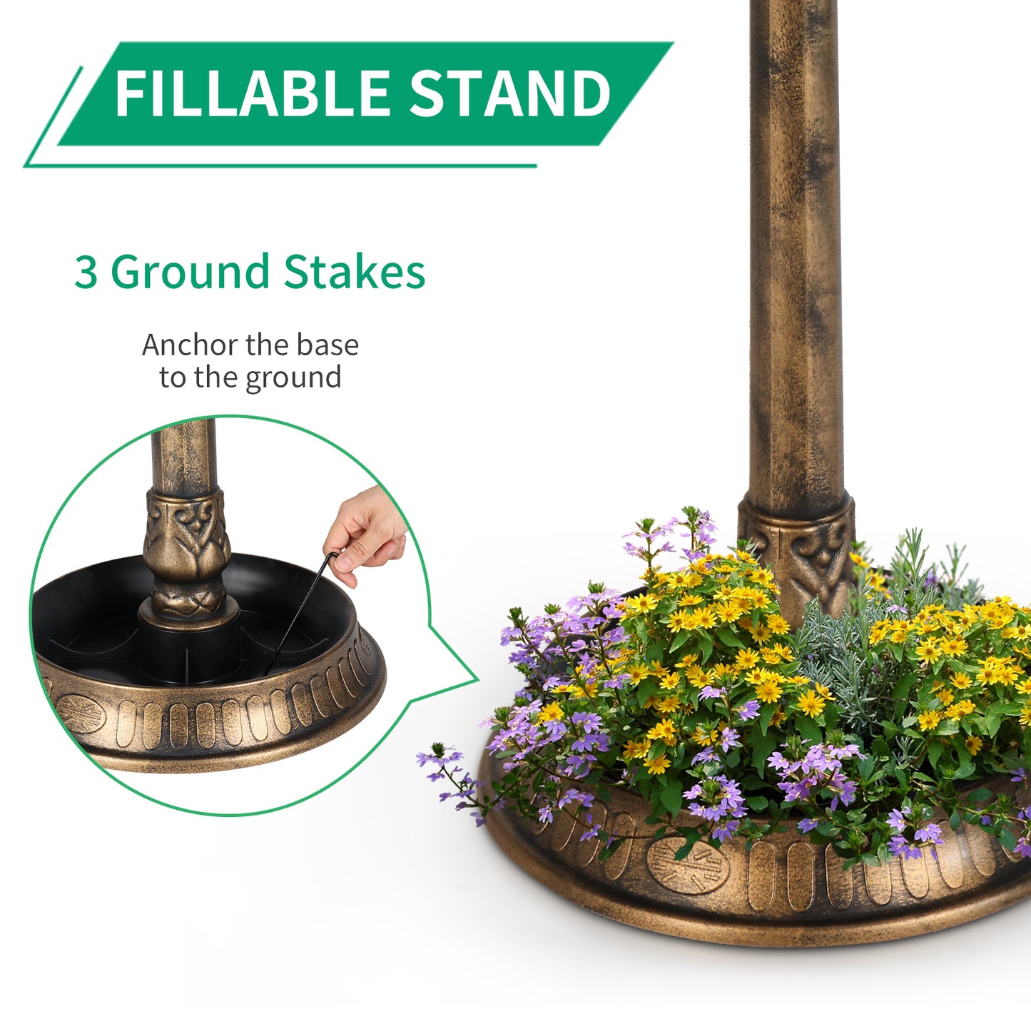 Solar Bird Bath with Bronze Finish - Outdoor Garden Decor 51x51x107cm