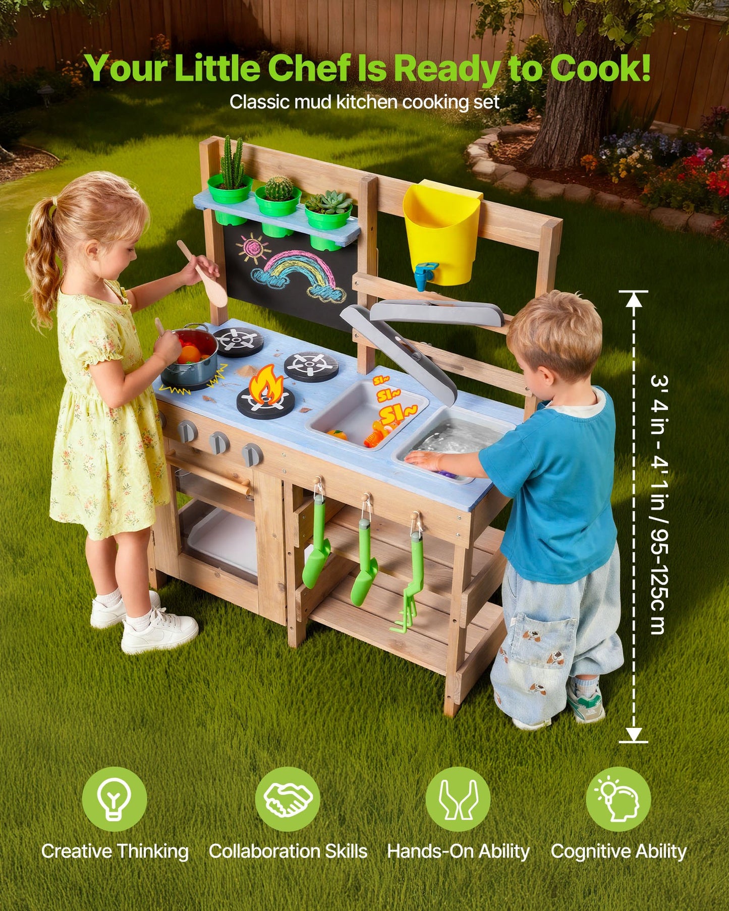 Outdoor Mud Kitchen for Kids with Sinks, Stoves & Accessories - Wooden Play Set