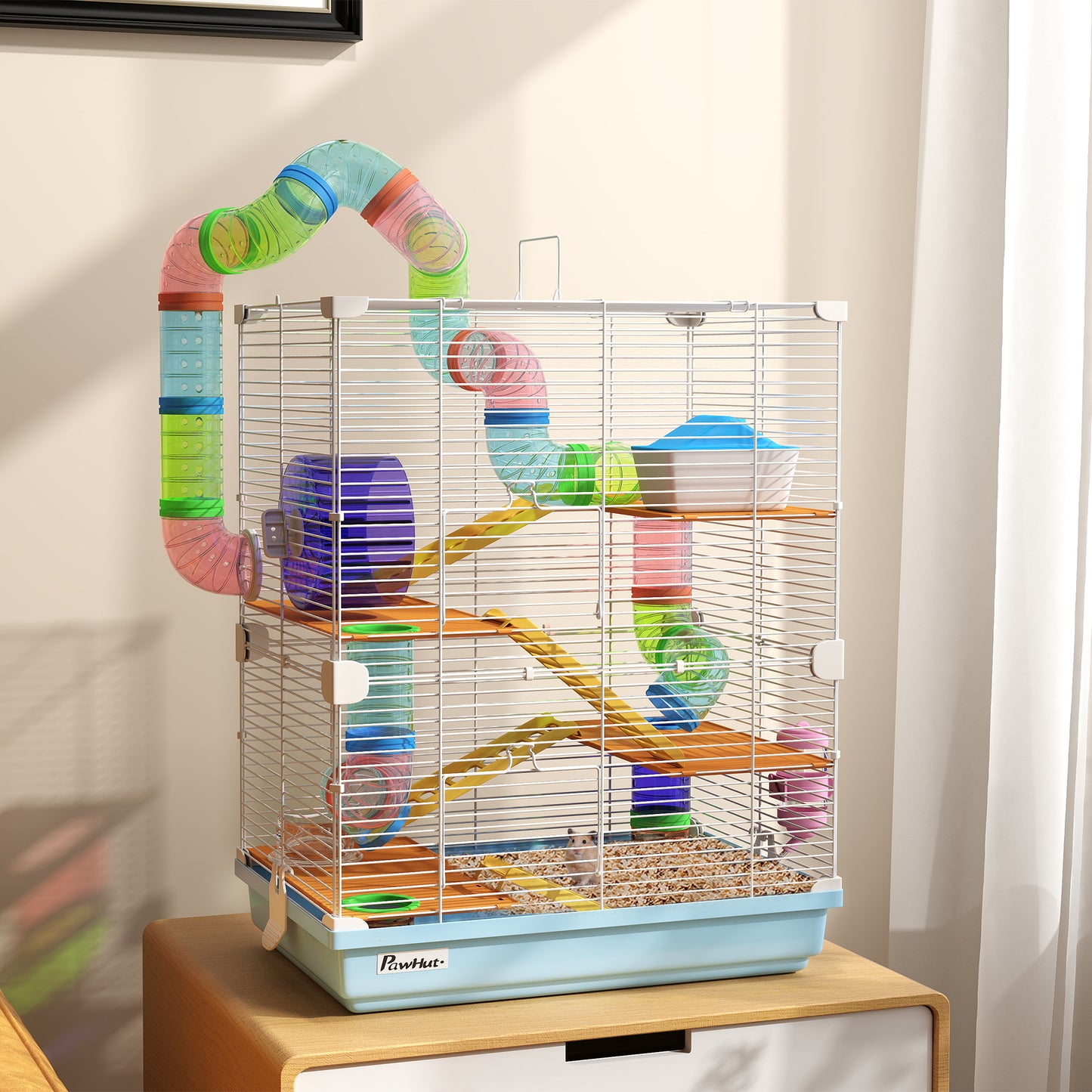 Portable Hamster Cage with 5 Tiers, Exercise Wheel & Tubes - Light Blue